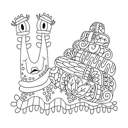 Coloring page funny snail. Slug with a spiral house shell. Hand drawn vector thin line art illustration. Coloring book for children and adults.のイラスト素材