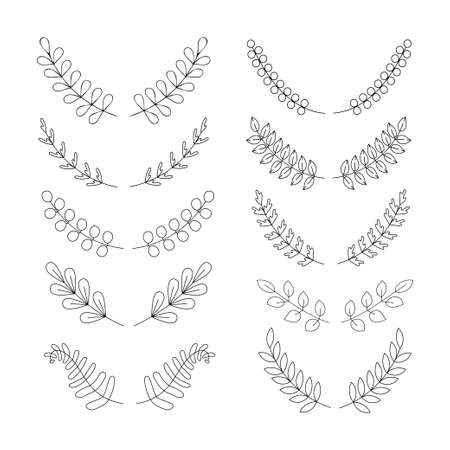 Set of flower dividers. Vintage book badges, frames, highlighters, monograms, ornaments, vignettes. Branches of herbs. Doodle thin line art vector illustration. Hand drawn isolated element.のイラスト素材