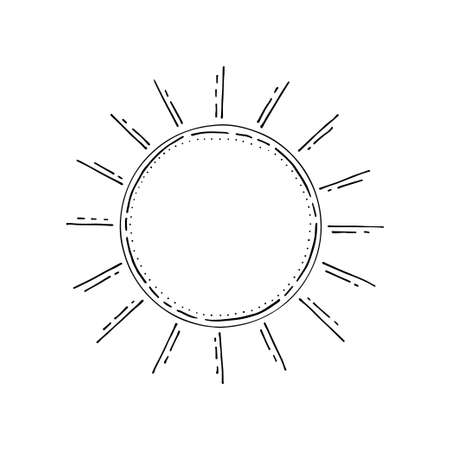 Sun line art. Star of the solar system. Hot lighting. Summer symbol. Heavenly body. Cosmic matter of the galaxy. Astronomy. Magic symbol of happiness. Hand drawn vector doodle illustration.のイラスト素材