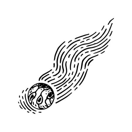 Falling meteorite line art. comet tail. heavenly body. shooting star. Cosmic matter of the galaxy. Atmospheric phenomenon. Astronomy. Hand drawn vector doodle illustration. simple outline element.のイラスト素材