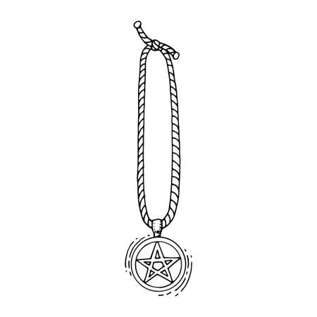 Amulet with a five-pointed star sketch. Symbol of the occult line art. Pendant star on a rope. witch pentagram. Magic sign of esotericism. hand drawn vector illustration. Mystical doodle element.のイラスト素材