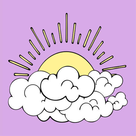 Sunrise. The sun appears from behind the clouds. The radiance of a heavenly star. Hand drawn vector flat art illustration. Contour line. Ready to use card.のイラスト素材