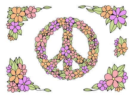 peace symbol. blooming flowers. Color sign of peace, kindness and love. Hand drawn vector line art illustration. Ready to use cards. Pacif sign.のイラスト素材