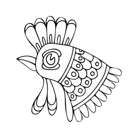 Country rooster coloring page at dawn. The head of a chicken bird. farm animal. Hand drawn vector line drawing. Coloring book for children and adults. Black and white sketch.のイラスト素材
