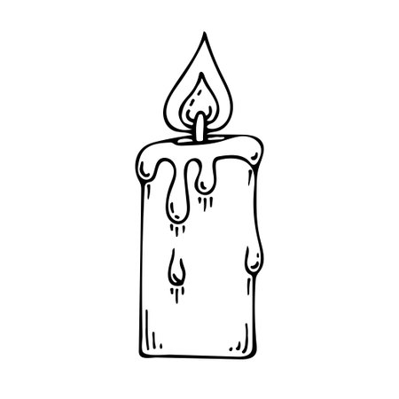 Candle line art. Paraffin burning candle. Wax lighting. aromatherapy. Wick with flame. old melted. Hand drawn vector doodle illustration. outline drawing.のイラスト素材