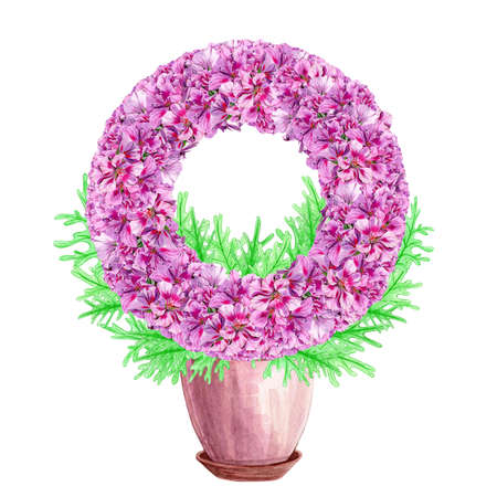 Blooming geranium in a ceramic pot. Hand drawn watercolor painting isolated on white background. Pink pelargonium flower. abstract postcard. Botanical design element. houseplants. Fragrant bouquet.の写真素材