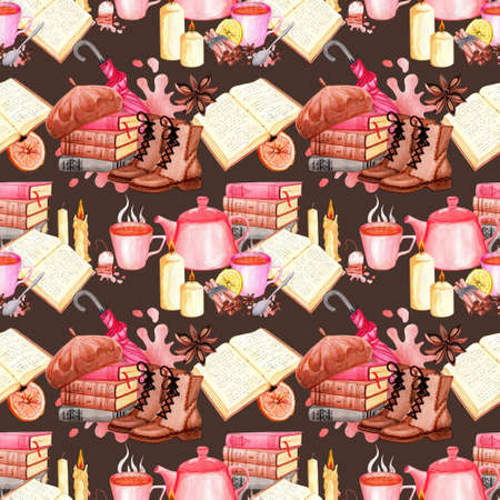 Seamless pattern autumn mood watercolor. Tea and reading by candlelight. warm clothing. Shoes, hat, umbrella. hand drawn illustration. dark background. Design for textiles and packaging.の写真素材