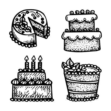 Set of birthday cakes sketch. Confectionery, biscuit with cream and candles. Sweet holiday dessert....