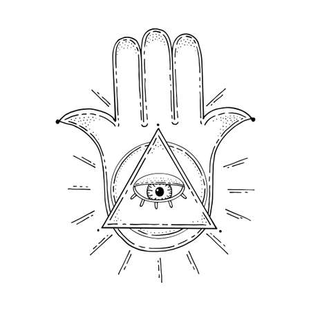Hand of Fatima. Palm with five fingers. All-seeing eye. Pyramid triangle Masons. Ancient religion sign. Symbol divine power. Prayer amulet. Hand drawn vector illustration. Gods hand.のイラスト素材