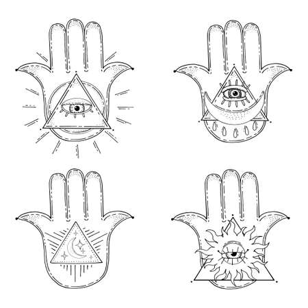 Hand Fatima set. Palm with five fingers. All-seeing eye. Triangle Pyramid Masons. ancient religion sign. Symbol divine power. Prayer amulet. hand drawn vector illustration. god hand.のイラスト素材