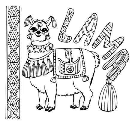 Coloring book lama with Peruvian ornaments. Alpaca Peru. Hand drawn vector line art. Coloring page for children and adults.のイラスト素材