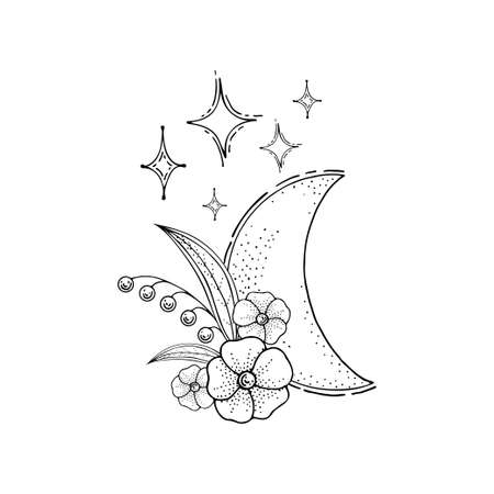 Crescent with flowers. Bohemian moon star. Ancient amulet in boho style. Hand drawn vector illustration.のイラスト素材