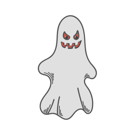 scary ghost flat. Spooky soul. Autumn Halloween holiday. Angry face. Monster costume. hand drawn vector illustration.のイラスト素材