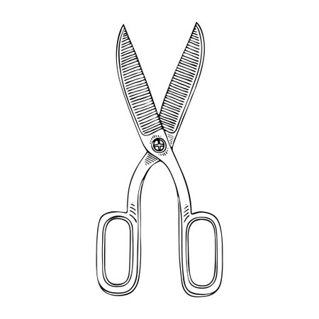 Sewing scissors line art. Tool for trimming threads fabrics. Tailor profession. Hand drawn vector doodle illustration.のイラスト素材