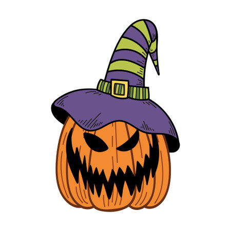 Pumpkin jack witch hat Halloween. creepy smile face. Autumn scary holiday. hand drawn vector illustration.のイラスト素材