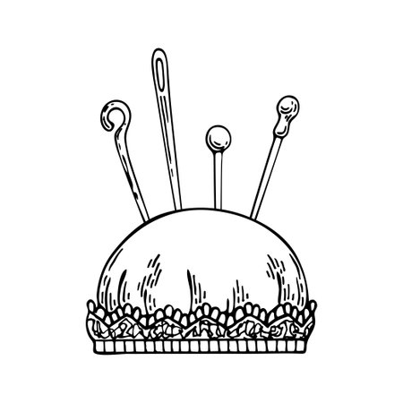 Needle bar seamstress line art. Pins needle tailors tools. Profession tailor. Hand drawn vector doodle illustration.のイラスト素材