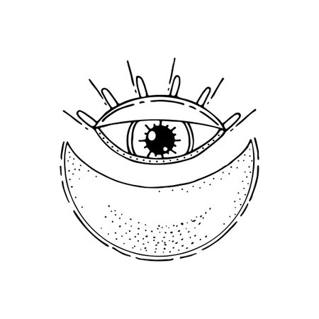 Bohemian Moon bowl, all-seeing eye. Ancient amulet. Symbol of divine power. Hand drawn vector illustration.のイラスト素材