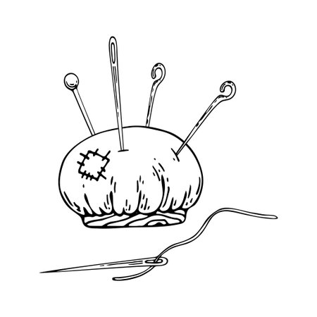 Needle bar seamstress line art. Pins needle tailors tools. Profession tailor. Hand drawn vector doodle illustration.のイラスト素材