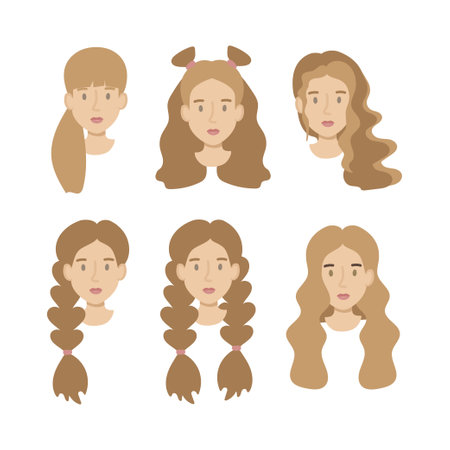 Set girls faces flat. Friendly young woman with different hairstyles long brown hair. Hand drawn vector illustration.のイラスト素材