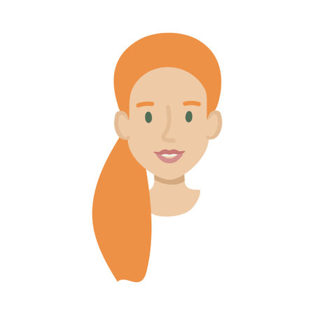 girl face flat. Friendly young woman with long red hair in a ponytail. hand drawn vector illustration.のイラスト素材