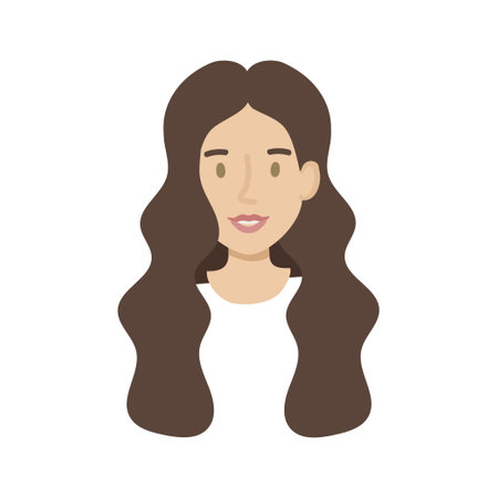 Girl face flat. Friendly young woman with long wavy dark hair. Hand drawn vector illustration.のイラスト素材