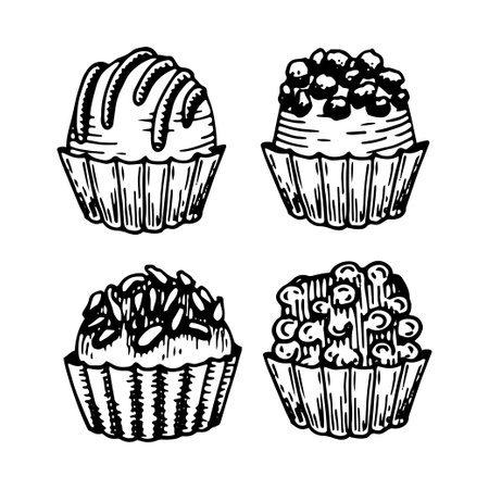Set chocolate sweets sketch. Confectionery food, candy, truffle, candy bar. Delicious dessert. Candies with sprinkles. Yummy. Cocoa bean product. Hand drawn vector doodle illustration.のイラスト素材