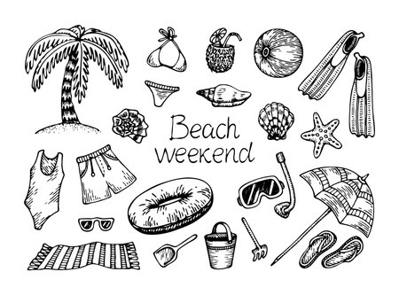 Beach vacation sketch. Set summer items, swimsuit, ball, shell, towel, cocktail, umbrella sun, palm tree, games in sand, diving. Hand drawn vector line art illustration.のイラスト素材