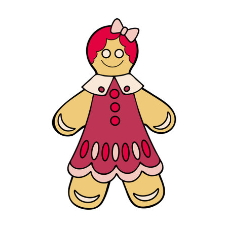 Gingerbread man girl in dress. Christmas sweet cookies. Happy New Year. Viva Mangenta. Hand drawn flat illustration.のイラスト素材