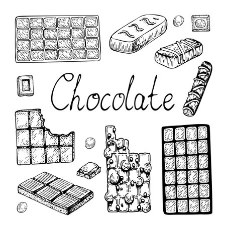 Chocolate day. Set chocolate sweets sketch. Candy, truffle, bar, tile. Delicious dessert. Chocolate with nuts. Yummy. Cocoa bean product. Hand drawn vector doodle illustration.のイラスト素材
