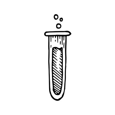 Laboratory flask sketch. Chemical experiments line art. Test tube with liquid. Hand drawn doodle vector illustration.のイラスト素材