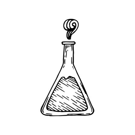Laboratory flask sketch. Chemical experiments line art. Test tube with liquid. Hand drawn doodle vector illustration.のイラスト素材