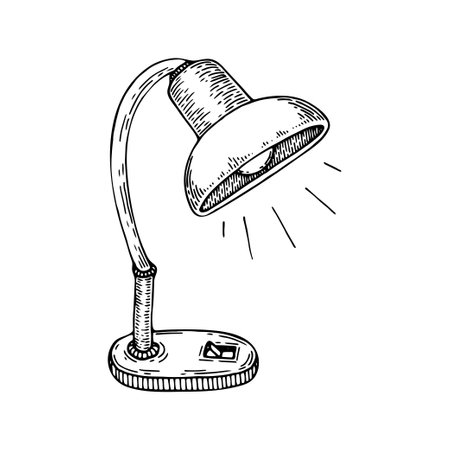 Office lamp sketch. Table lighting object line art. Hand drawn doodle vector illustration.のイラスト素材