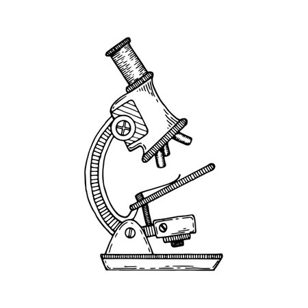 Microscope sketch. Laboratory magnifying research tool line art. Hand drawn doodle vector illustration.のイラスト素材