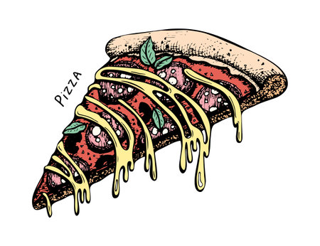 Pizza color sketch. Italian food. Filled pastries, salami, stretchy cheese. Hand drawn vector illustration.のイラスト素材