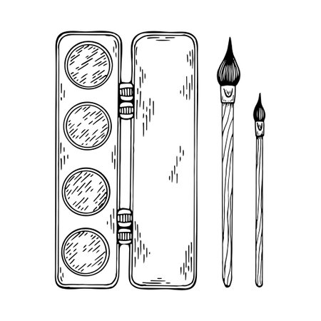 Set brushes and paint sketch. School items for drawing line art. Hand drawn doodle vector illustration.のイラスト素材