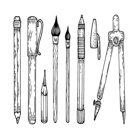 Set pens, pencils, brushes, compasses sketch. Stationery line art. Hand drawn doodle vector illustration.のイラスト素材