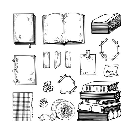 Set books notepads sheets for notes and study. Hand drawn doodle illustration.のイラスト素材