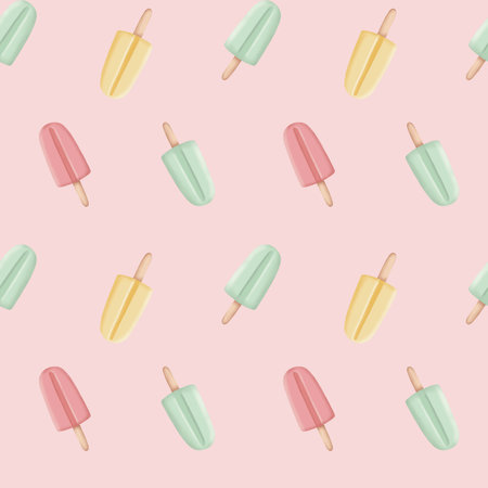 Seamless pattern with ice cream in pastel colors on pink background