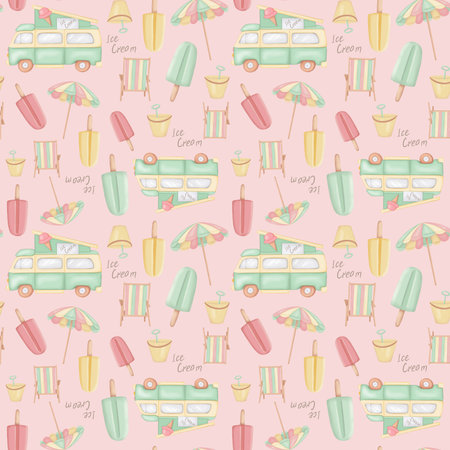 Seamless pattern with a bus, ice cream, and umbrellas.の写真素材