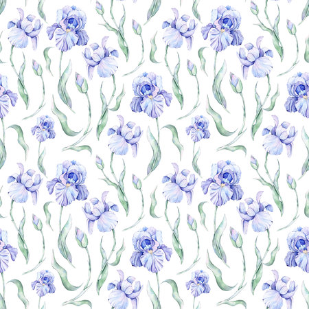 Seamless pattern with blue iris flowers. Watercolor illustration.の写真素材