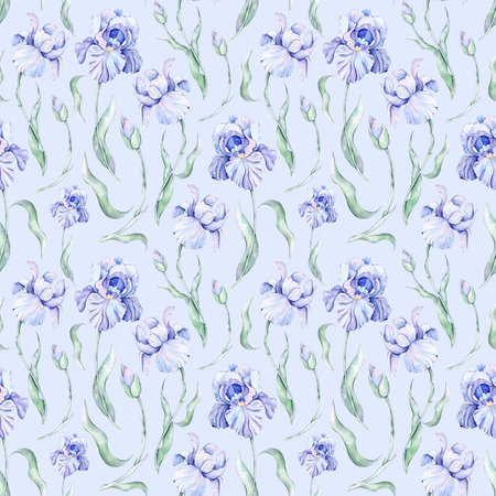 Seamless pattern with blue iris flowers. Watercolor illustrationの写真素材