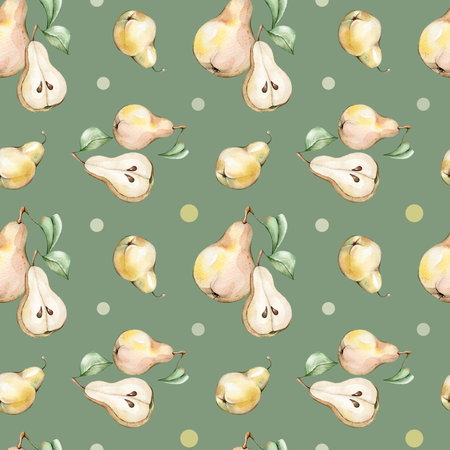 Seamless pattern with watercolor pears. Hand drawn illustration. Green backgroundの写真素材