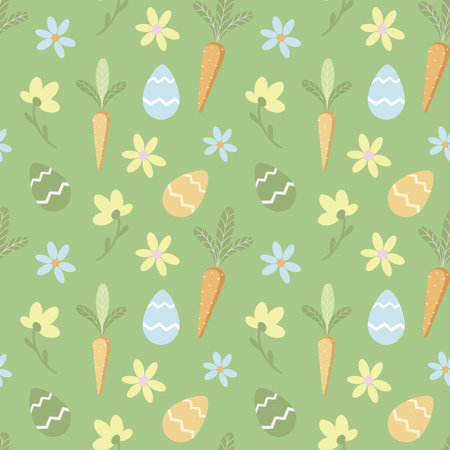 Easter seamless pattern with carrots, flowers and eggs. Vector illustration.の写真素材