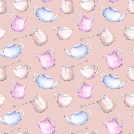 Watercolor seamless pattern with teapot, cups and saucersの写真素材