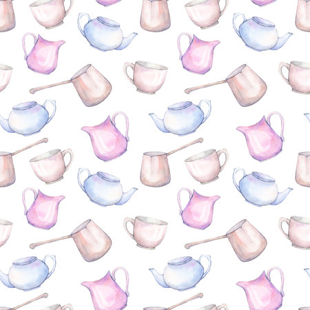 Seamless pattern with teapots and cups. Watercolor illustrationの写真素材