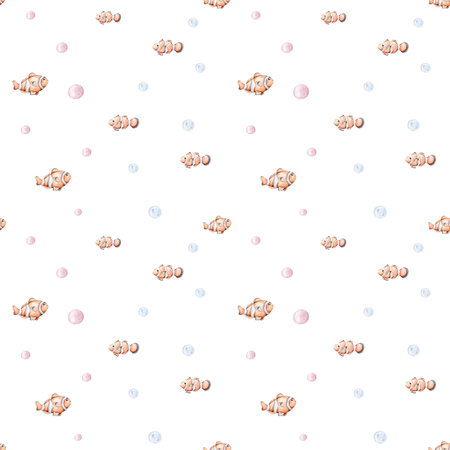 Seamless watercolor pattern with clownfish. Hand-drawn illustration.の写真素材