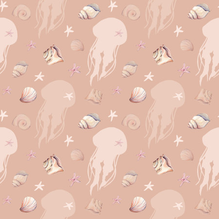 Seamless pattern with jellyfish, seashells and starfish
