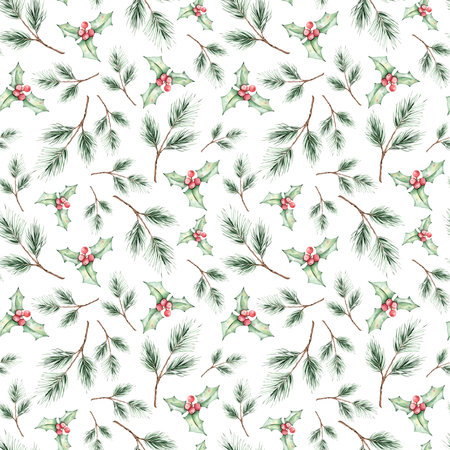 Seamless pattern with watercolor holly branches. Hand painted illustration.の写真素材