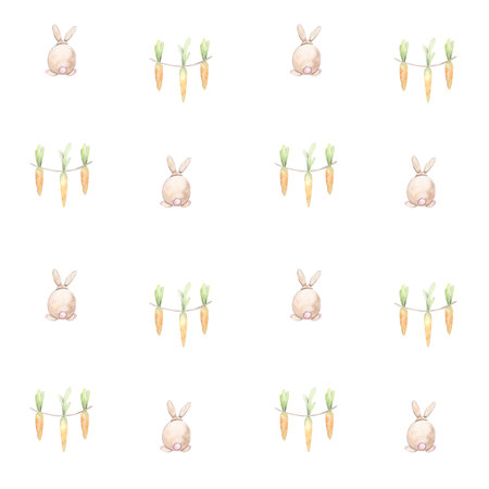 Watercolor easter bunnies with carrots. Seamless pattern.の写真素材