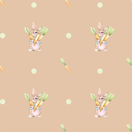 Seamless pattern with Easter bunnies and carrots. Watercolor illustration.の写真素材
